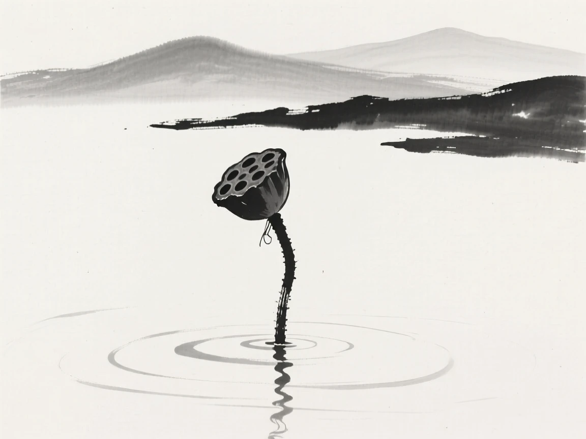 A solitary lotus pod rising above still water framed by distant, hazy mountains, framed asymmetrically for quiet visual balance, conveying gentle stillness and natural harmony.