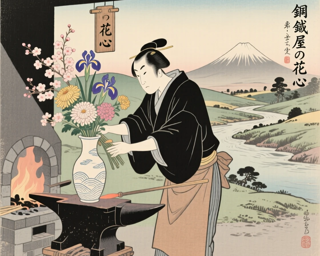 A blacksmith arranging a graceful bouquet of seasonal flowers.