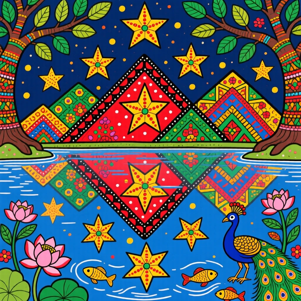 Stars reflected in the still water of a quiet mountain lake.