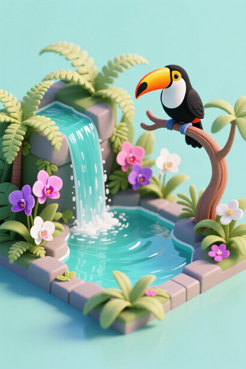 A tropical waterfall pouring into a turquoise pool, surrounded by lush ferns and orchids, with a toucan perched on a nearby branch.