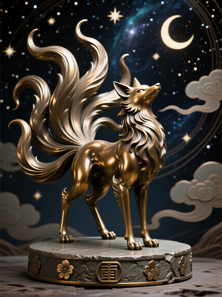 A kitsune fox spirit with nine flowing tails, set against a vast celestial backdrop, radiating awe and grandeur