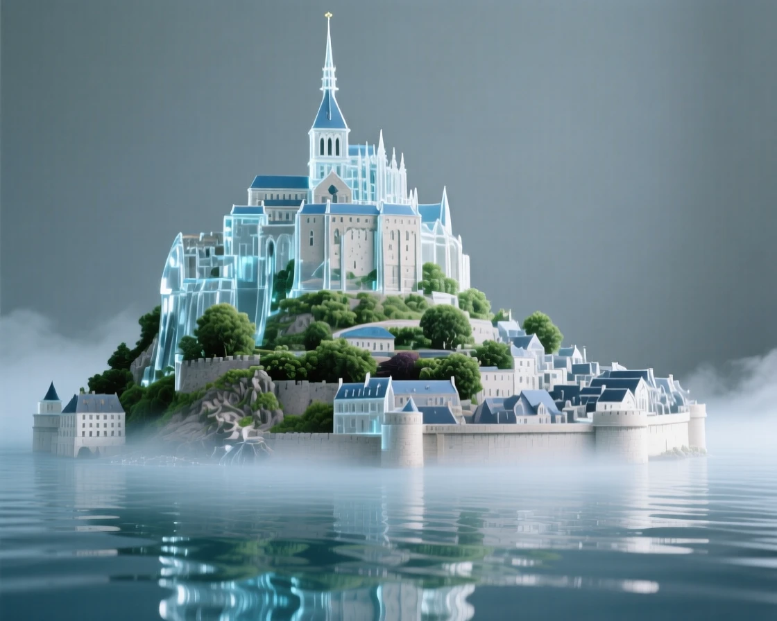 Mont Saint-Michel at high tide surrounded by lush greenery and soft morning mist, wide establishing composition, feeling serene and majestic.