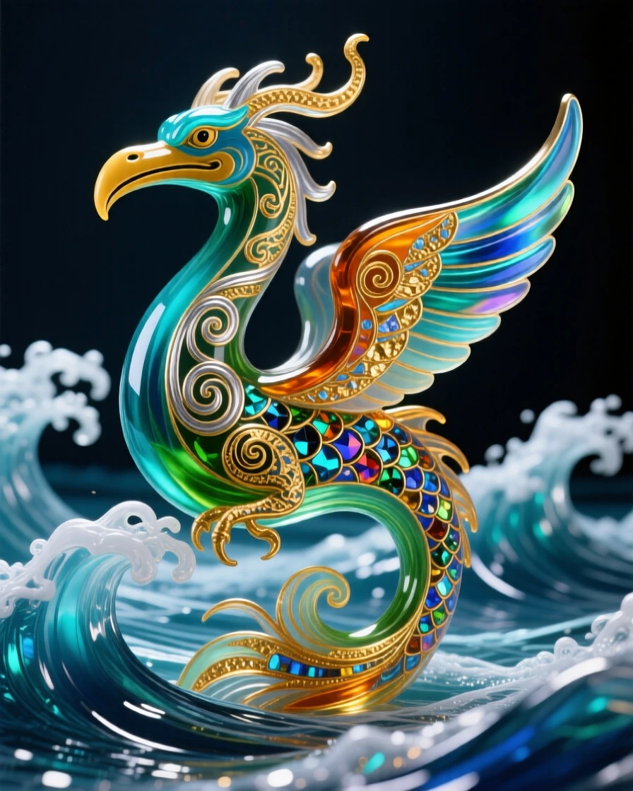 A Māori manaia guardian spirit carved motif coming to life amid ocean waves, mystical and protective.