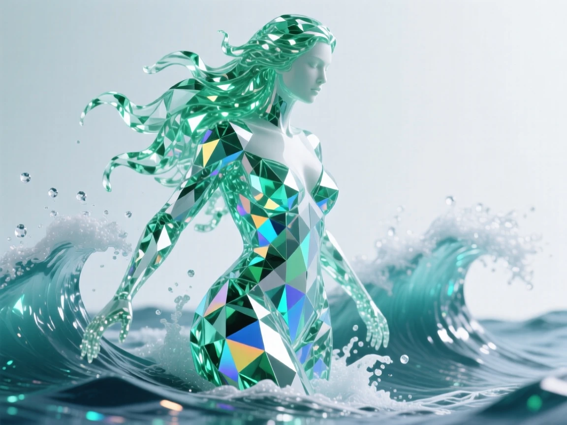 A sea goddess emerging from crashing waves, hair flowing like liquid seafoam.