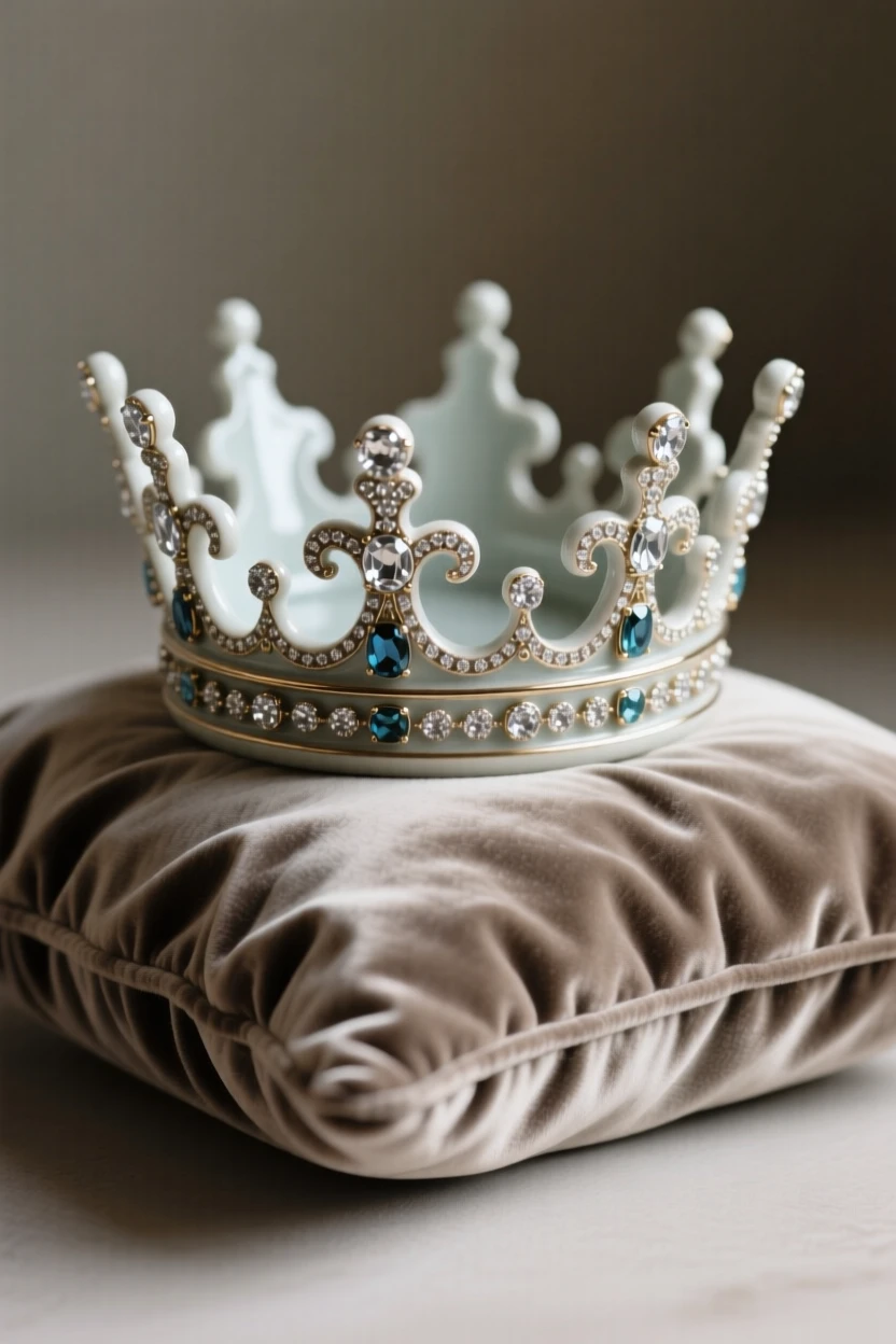 A jeweled crown resting on a velvet cushion arranged as an accent piece with quiet sophistication, finished with graceful, flowing lines, stirring a sense of understated opulence.