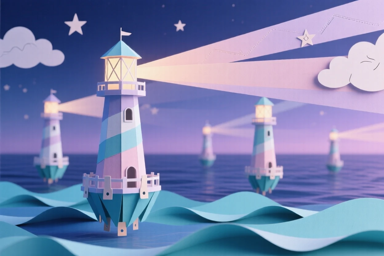 A world where lighthouses float gently above a calm sea instead of standing on land, their beams crisscrossing the twilight sky, evoking dreamlike wonder.