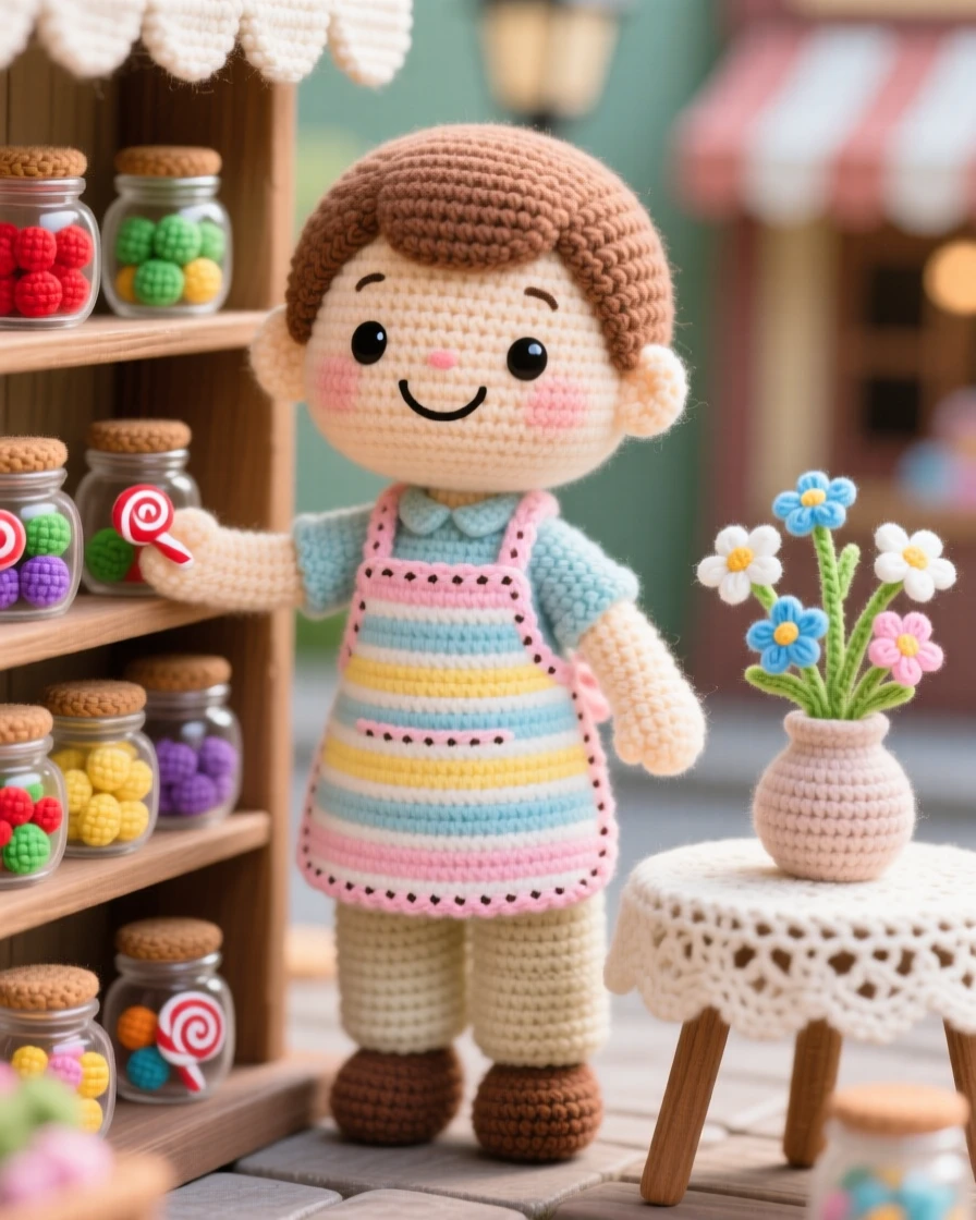 a cheerful candy shop owner, with a striped apron and a warm smile, is captured arranging jars of colorful candy on shelves in a bustling small-town market square beside a small vase of wildflowers on the table, radiating a nostalgic, storybook warmth.