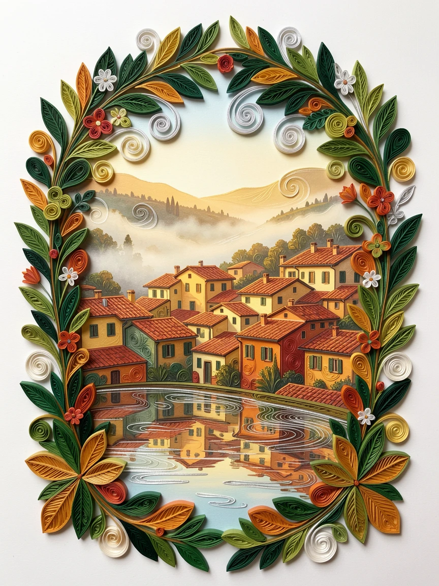 A breathtaking view of the rooftops of a Tuscan hill town at golden hour wrapped in gentle morning mist, with soft reflections shimmering on still water, framed within a natural archway of foliage.