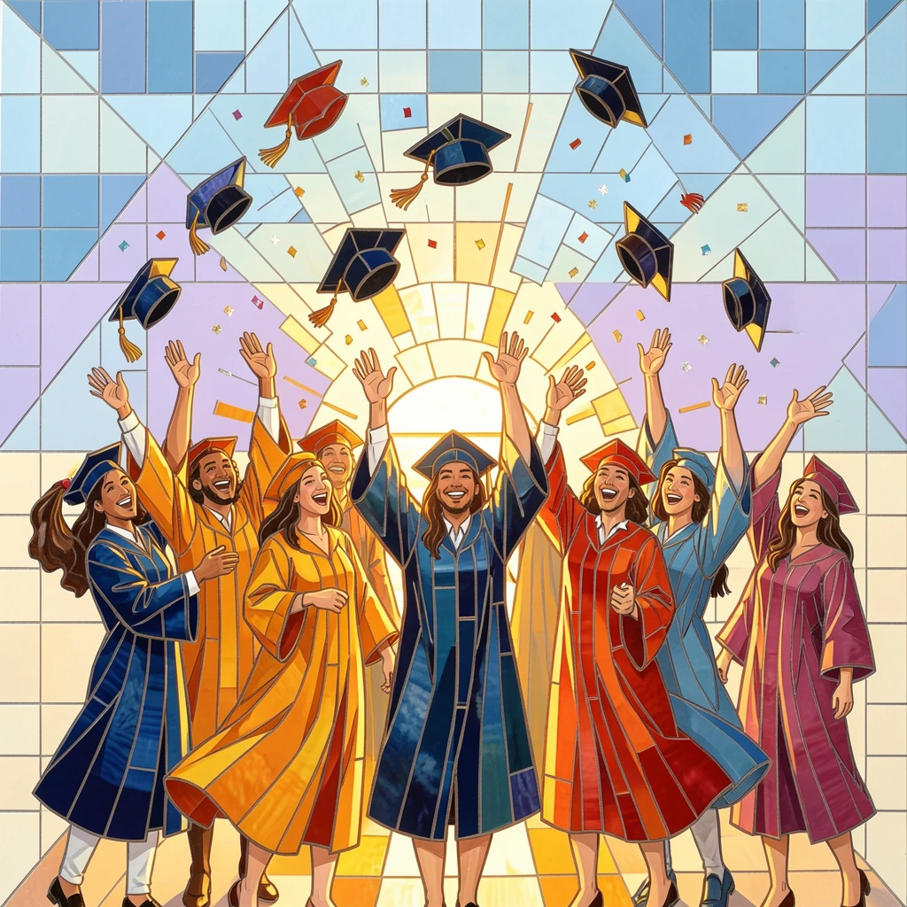 A graduation ceremony with caps thrown joyfully into the air, filled with warm light, motion, and joyful energy.