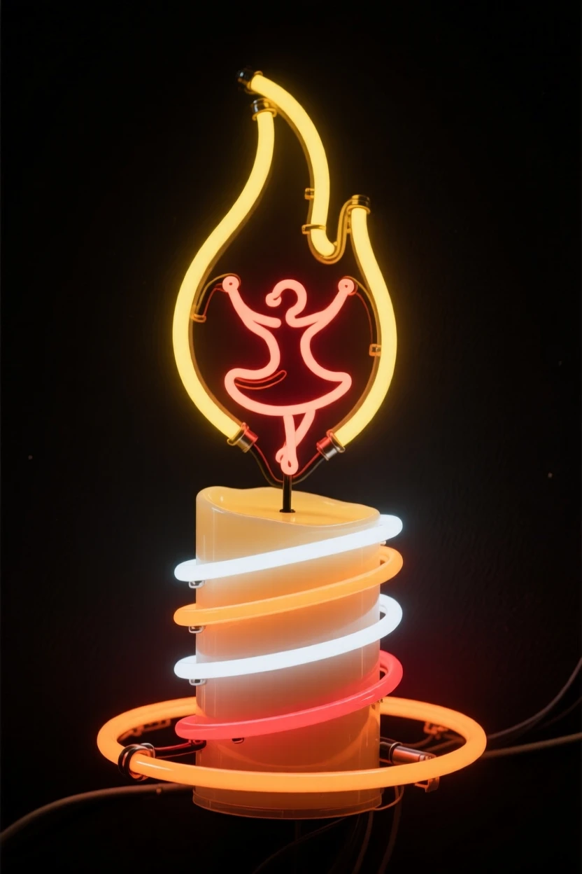 A candle whose flame flickers in the shape of a small dancing figure.