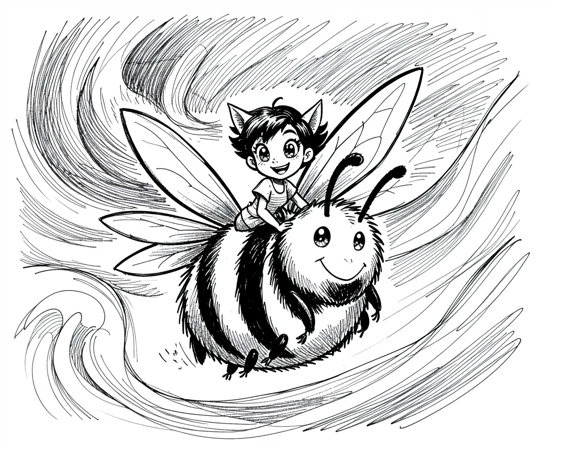 A pixie riding a bumblebee under an aurora-filled night sky.