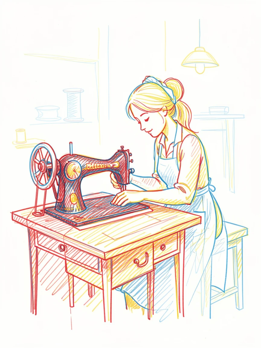 A seamstress threading a vintage sewing machine in a warm workshop