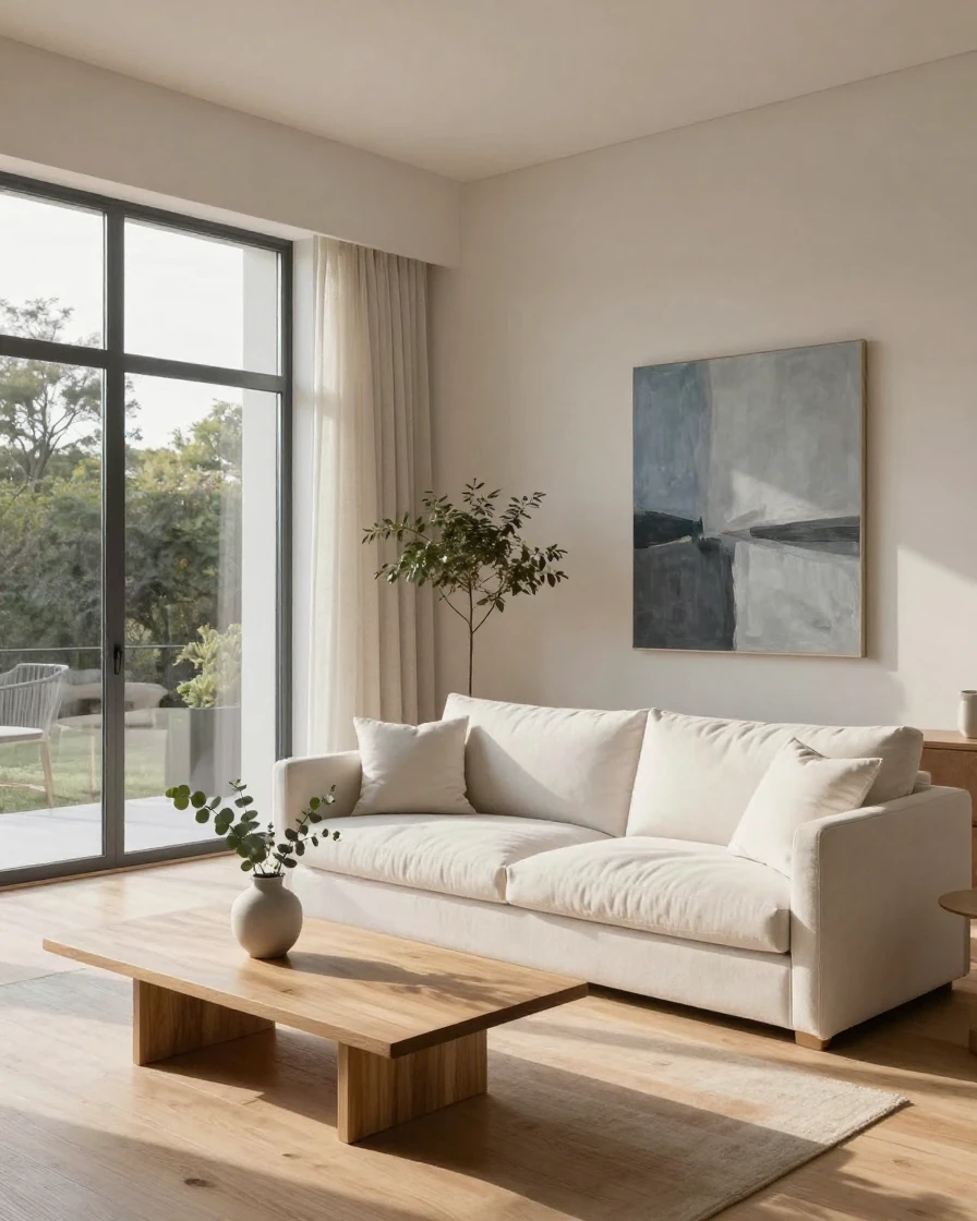 A modern minimalist living room bathed in afternoon light