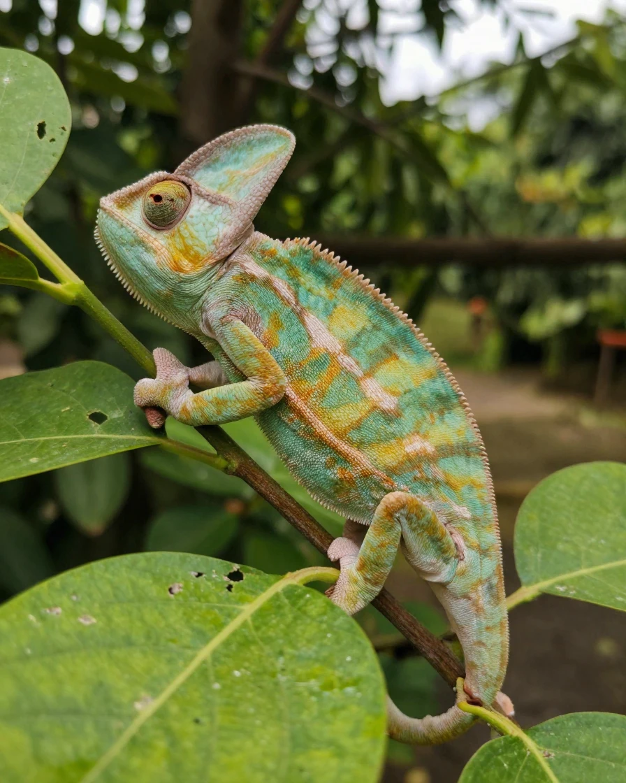 A chameleon slowly changes color while gripping a leafy branch.
