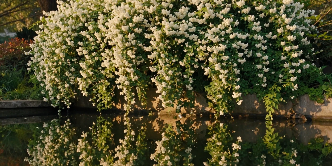 A wall covered in climbing ivy and jasmine reflected in a still garden pond