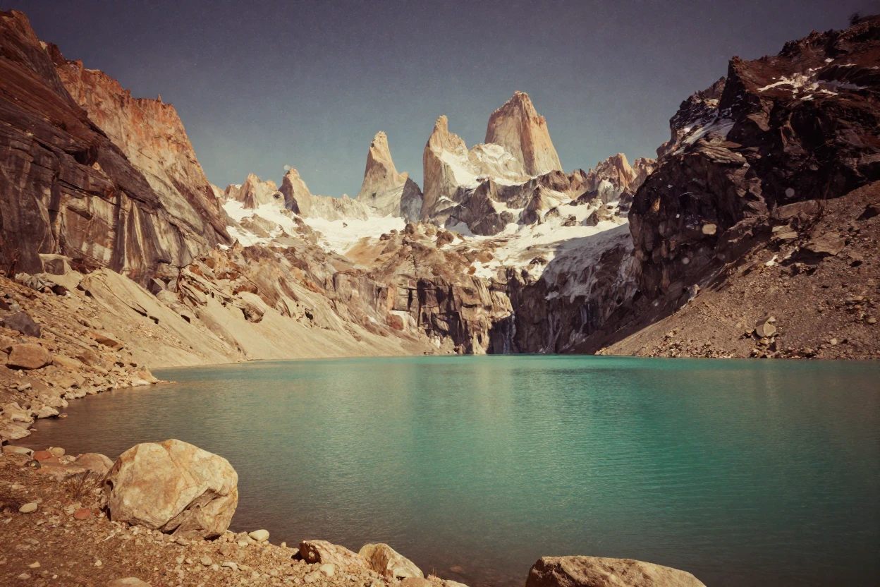 A turquoise glacial lake nestled beneath towering granite peaks, under a canopy of stars, amid gently falling snow, in early spring, dominated by warm amber and rust tones, in a tight close-up.