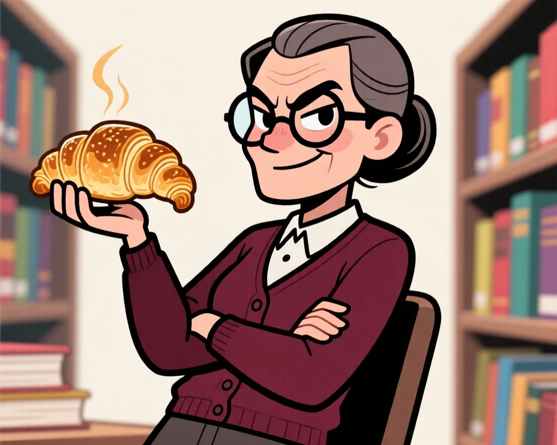 A charming portrait of a stern librarian, leaning back with arms crossed and a confident smile, holding up a freshly baked treat.