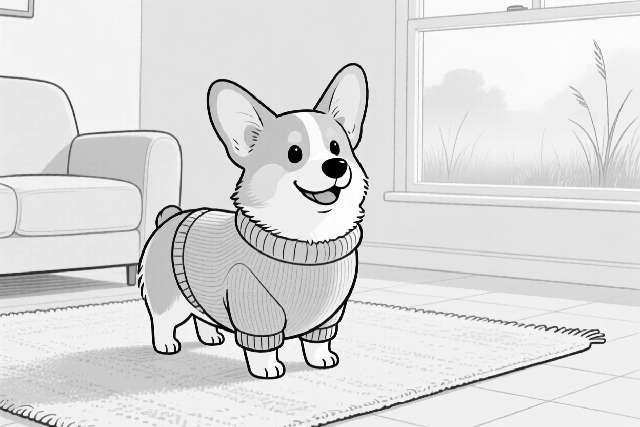 A tiny corgi with impossibly short legs, modeling its outfit with obvious pride, set on a living room rug in a tiny sweater. Morning mist clings to the grass. It feels like the kind of photo that instantly earns a smile.