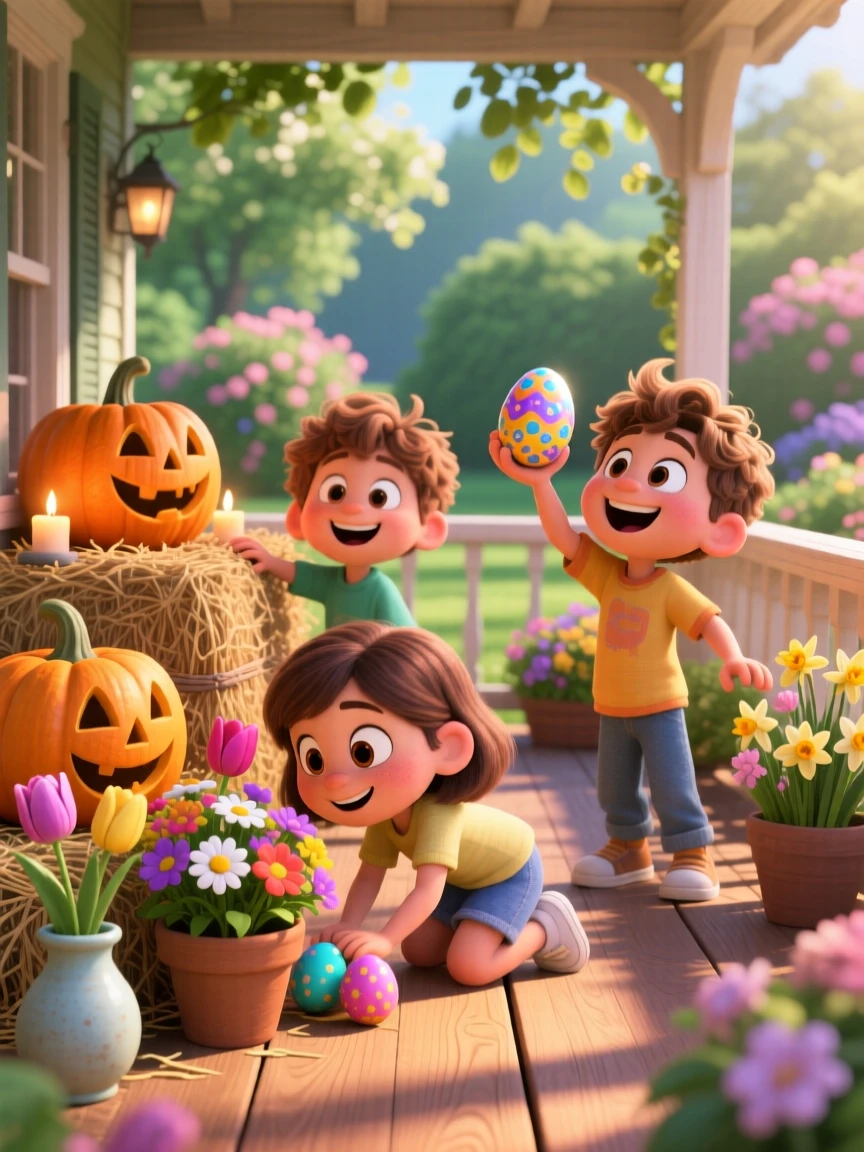 Kids hunting for hidden eggs in a spring garden happens on a porch surrounded by carved pumpkins and hay bales, with fresh flowers decorating every table. A festive warmth and togetherness fill the scene.