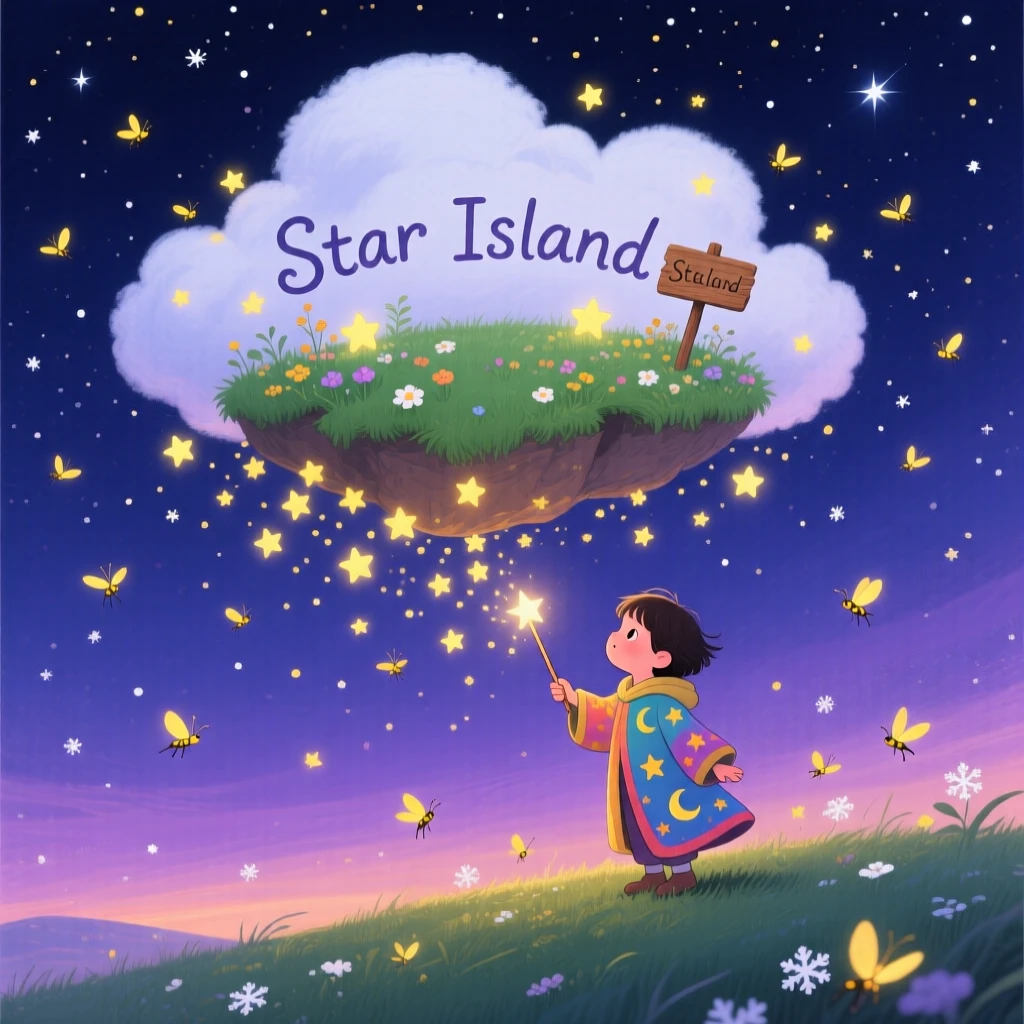 A star-catching child pauses from casting a spell that fills the sky with fireflies to marvel at a floating island in the clouds, as tiny stars fall like snow.