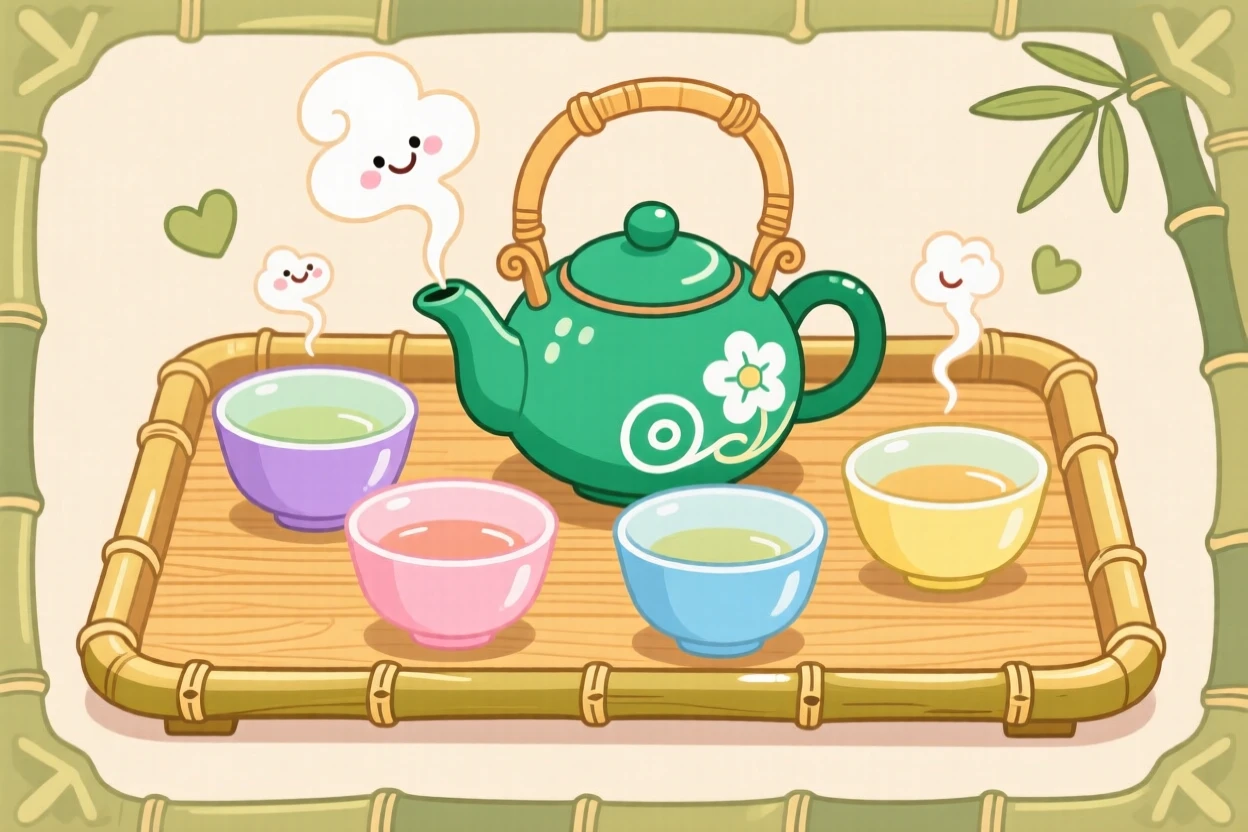A tea ceremony set with delicate cups on a bamboo tray.