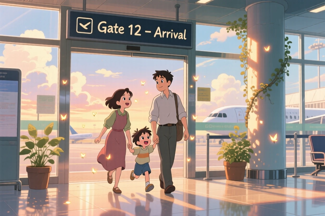 A tender moment of a family reunited at an airport gate, arms outstretched, the scene deeply heartfelt.