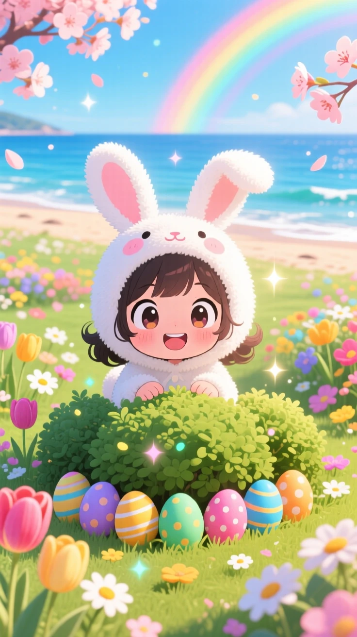 A young girl in a bunny costume hiding painted eggs behind a bush, framed as a symmetrical front-on view within a blooming spring garden, on a breezy coastal afternoon, glowing under bright rainbow-tinted light, evoking curious excitement.