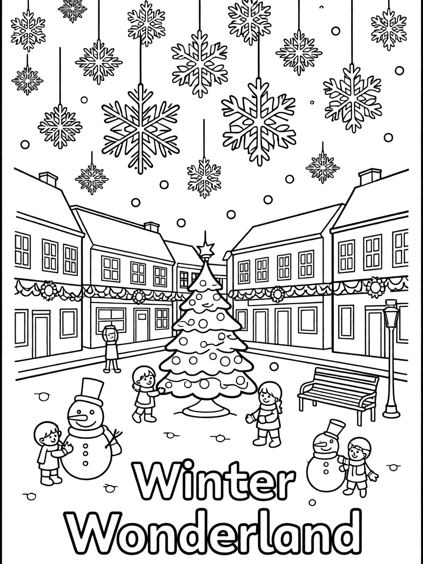 Snowflakes falling on a town square decorated for winter