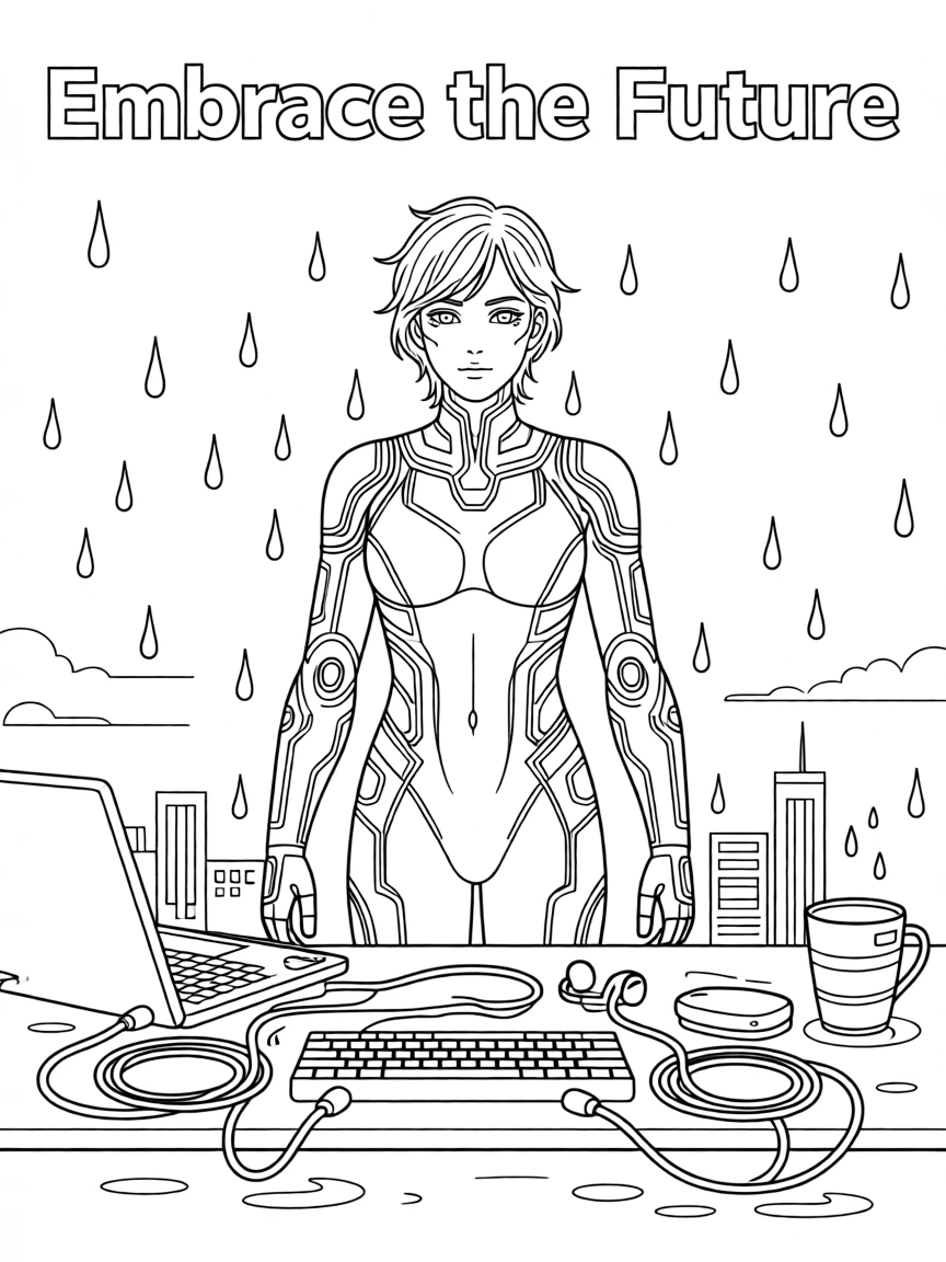 A cyborg figure with glowing circuitry standing in the rain, with cables neatly arranged along the desk.