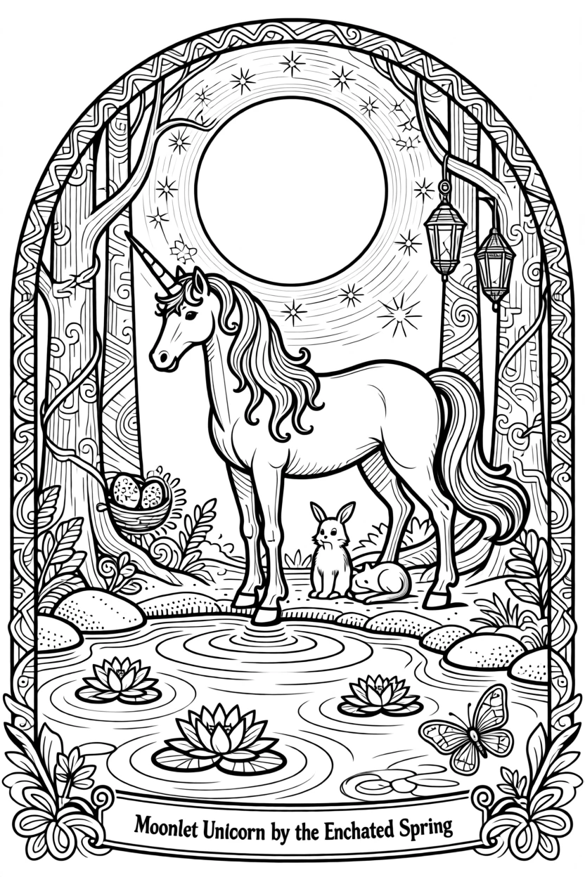 A moonlit unicorn drinking from an enchanted forest spring.