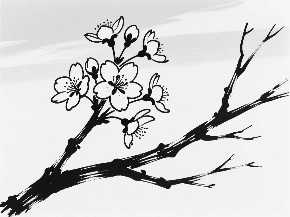 A cluster of cherry blossoms on a bare branch against a soft sky.