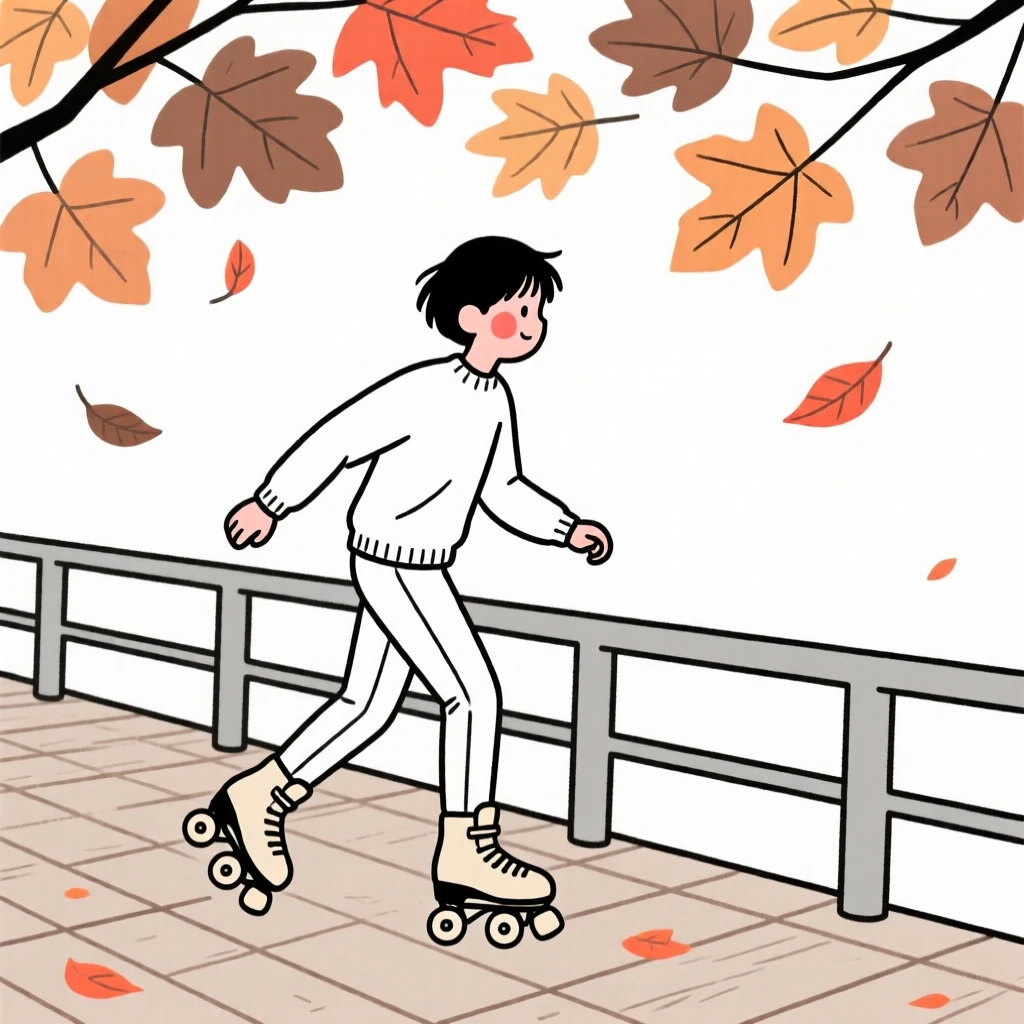 A teenager roller skating along a boardwalk, under a canopy of autumn leaves.