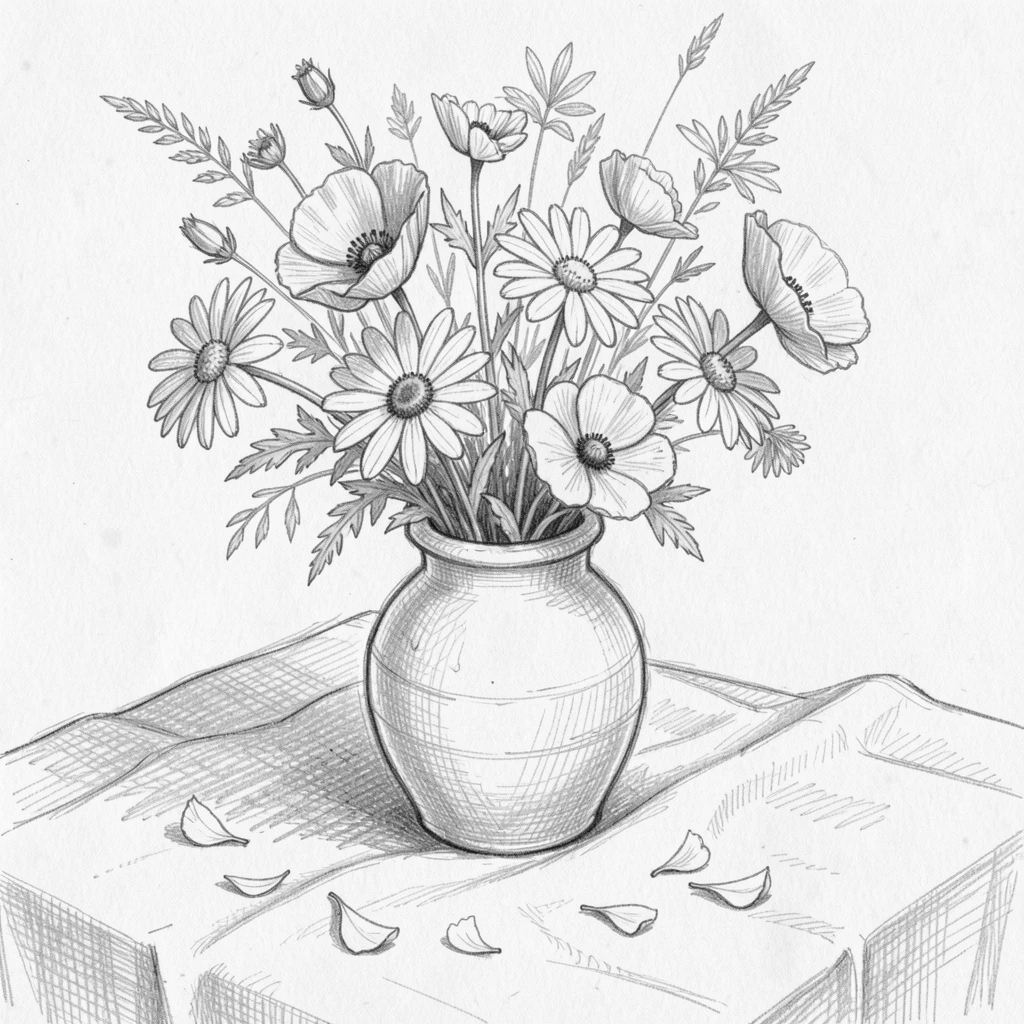 A close-up still life of a vase of wildflowers scattered across a linen tablecloth, surrounded by scattered petals.
