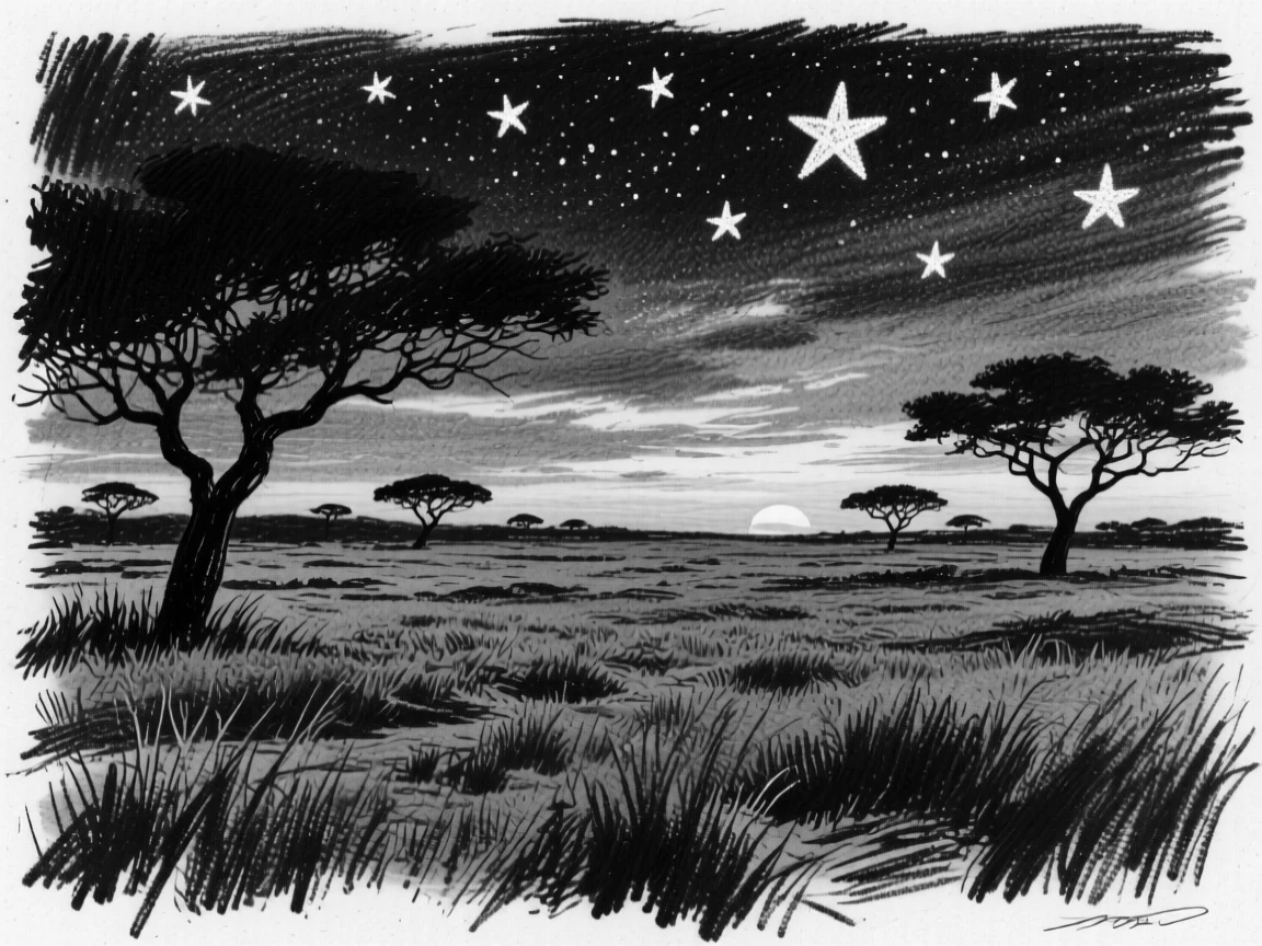 A sprawling savanna at sunset beneath a canopy of stars.