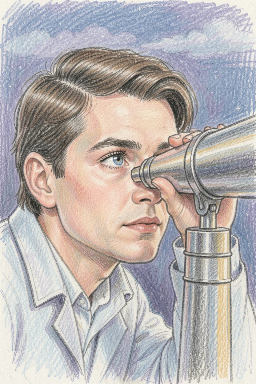 A scientist peering thoughtfully through a telescope at night, with expressive detail in the eyes and gentle facial features, capturing a fleeting, deeply relatable moment.