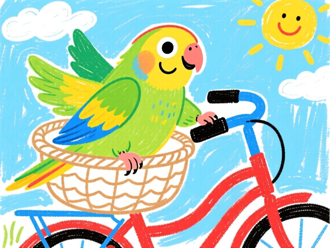 A parakeet with bright feathers riding along in a bicycle basket.