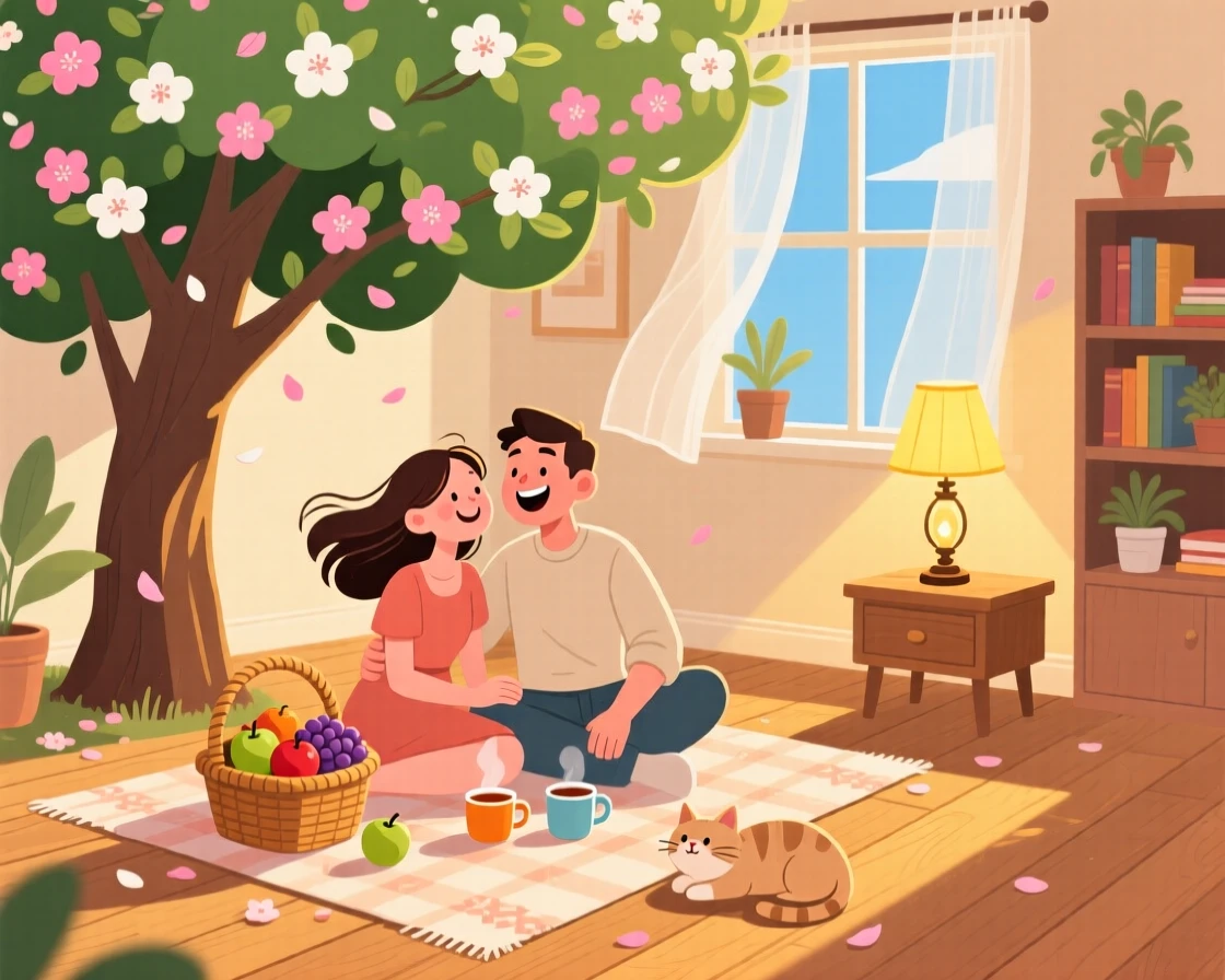A couple enjoying a quiet picnic under a blooming tree, inside a cozy home filled with warm light, shown from a friendly eye-level perspective, with small joyful details like flying hair or bright laughter.