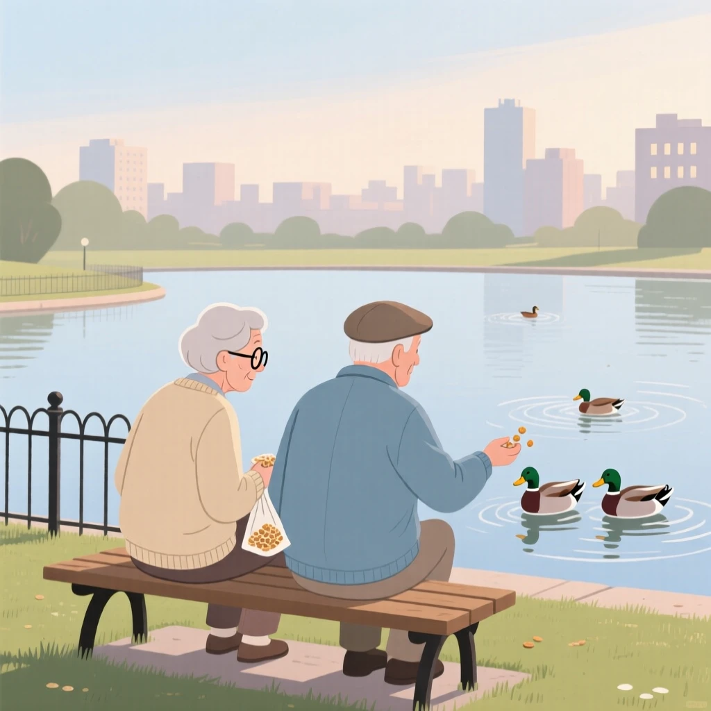 An elderly friends feeding ducks at a pond on a quiet weekday morning in the city.