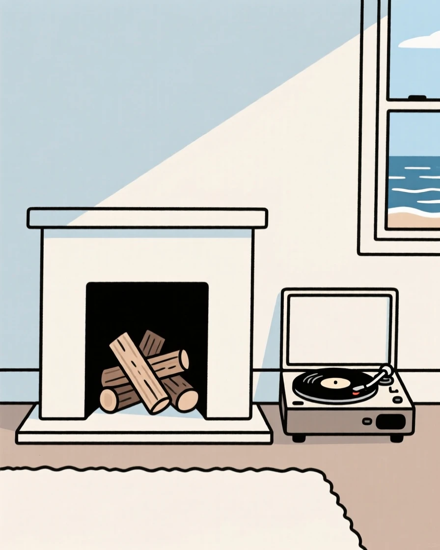A tidy fireplace hearth arranged near a vinyl record player in a seaside home, expressing homey warmth.