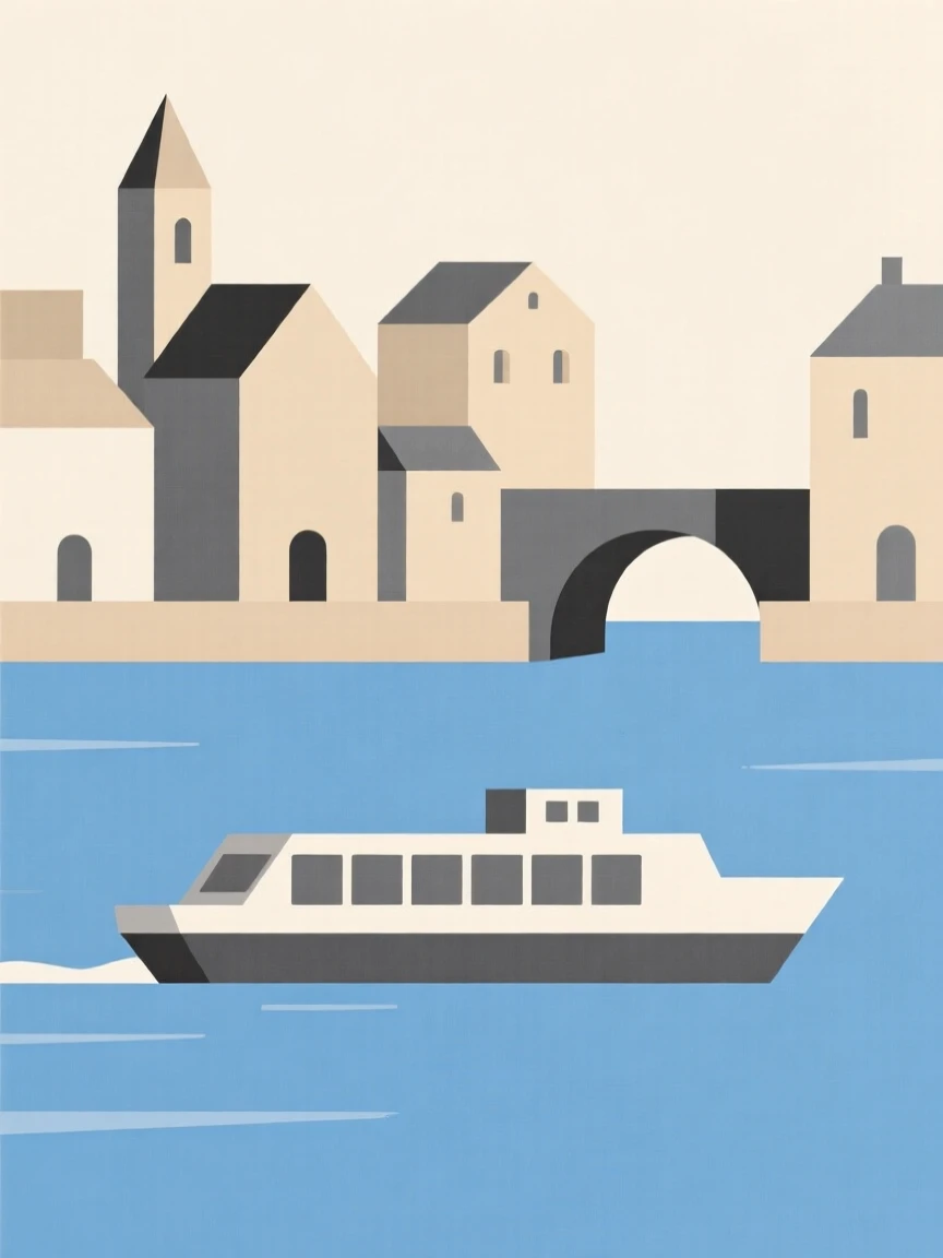 A river cruise passing historic riverside towns