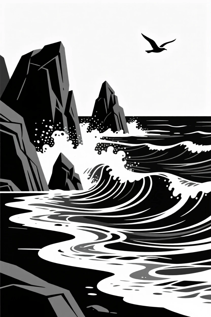 A dramatic coastline battered by ocean waves.