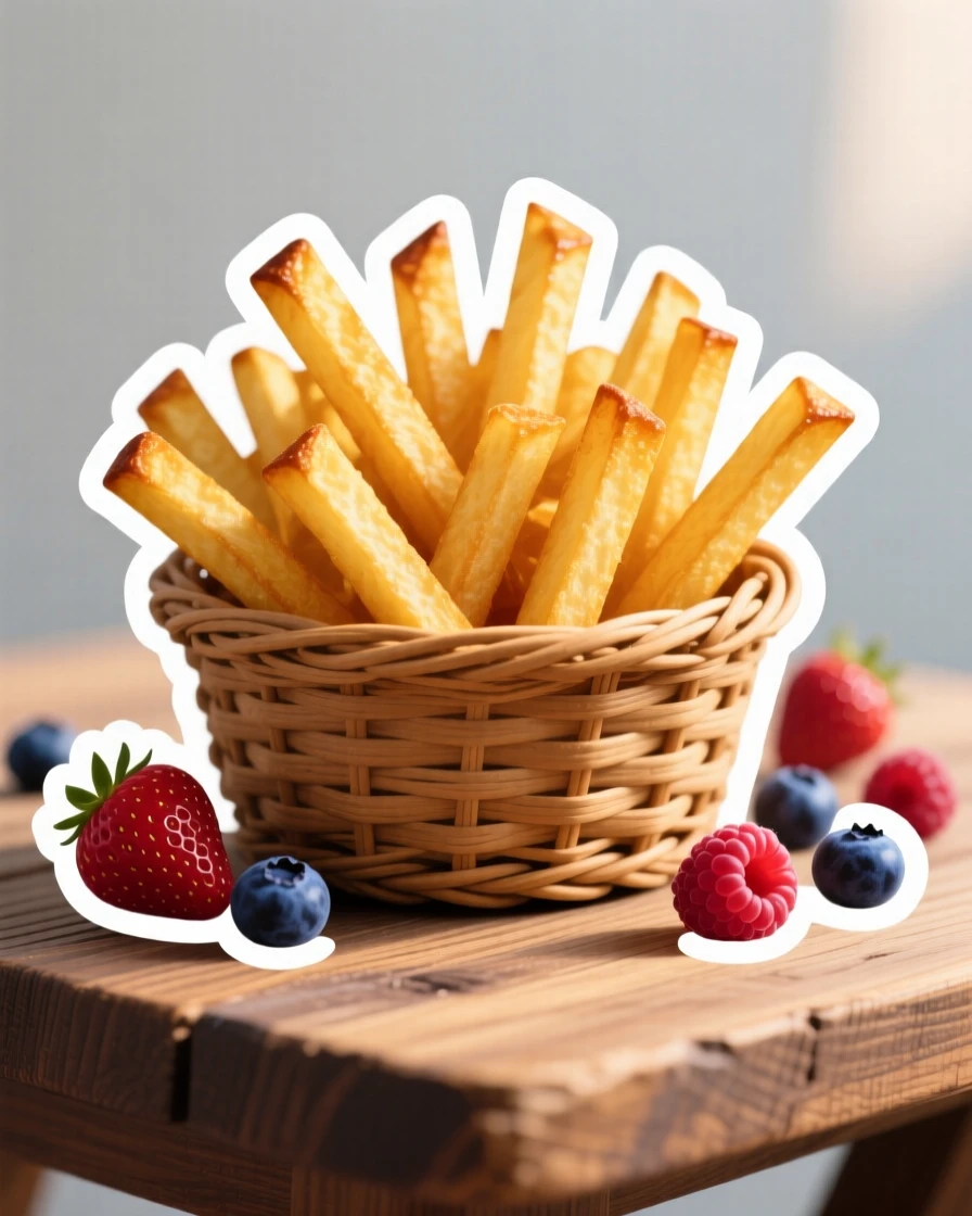 A mouthwatering basket of golden french fries, with fresh berries scattered around it, on a rustic wooden table with soft morning light.