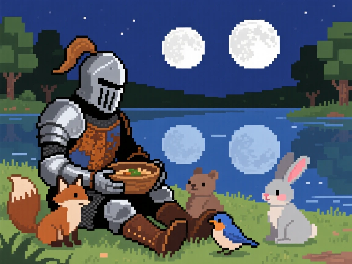 A knight in mismatched armor sharing a meal with woodland creatures, beside a lake reflecting two moons.