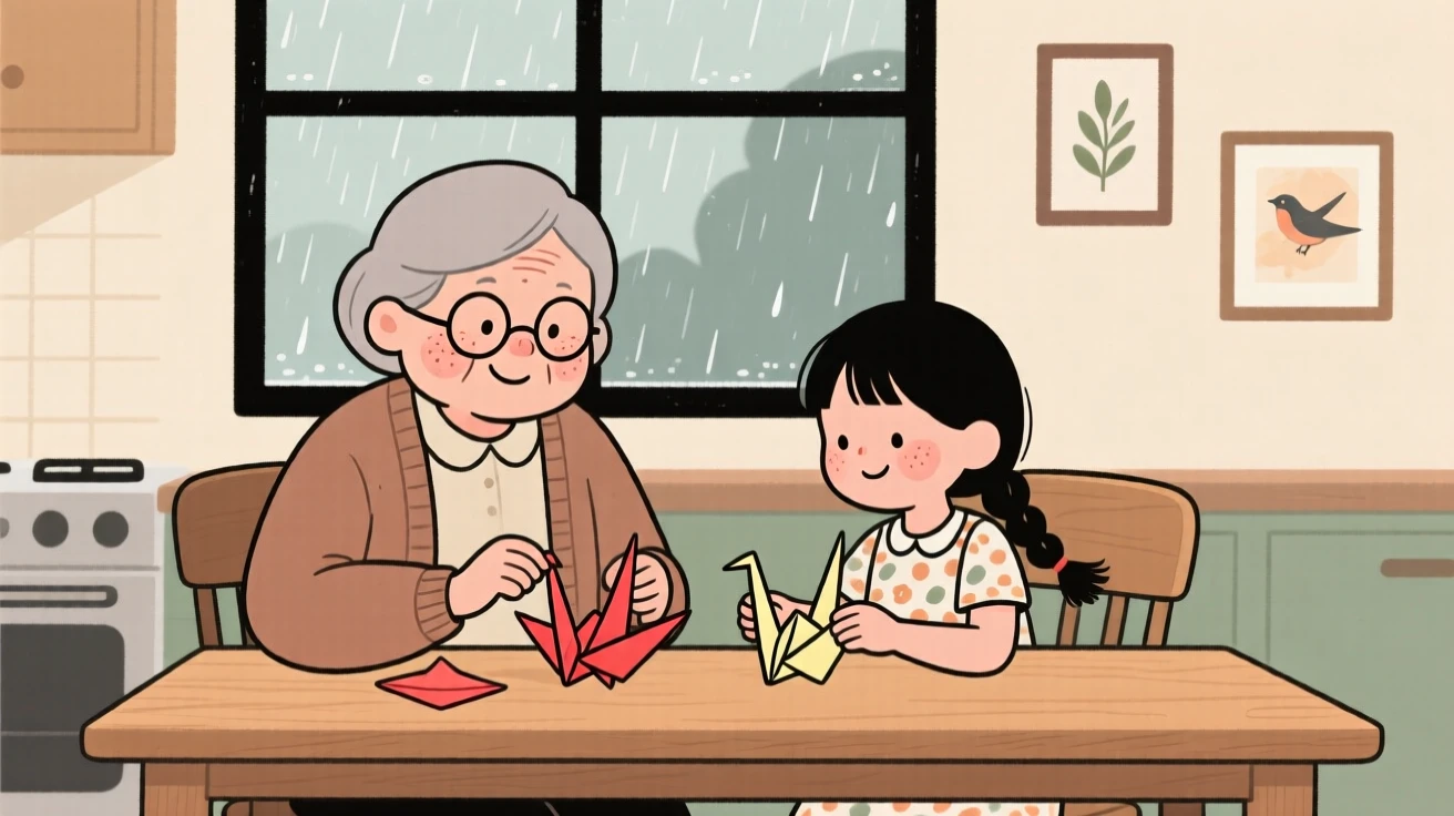 A grandmother teaches a young girl how to fold paper cranes at the kitchen table while rain taps gently against the window, both focused and smiling.