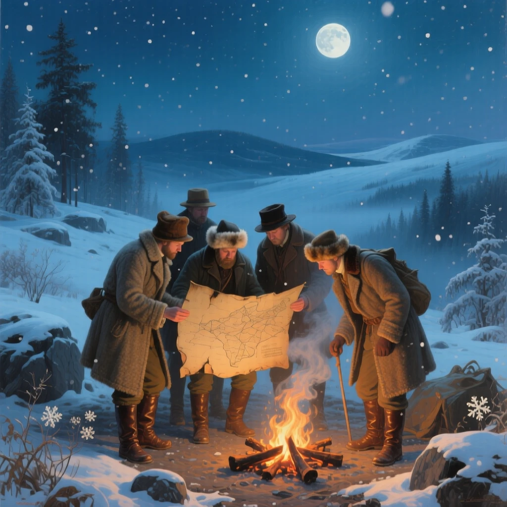 An expansive vista of a group of explorers studying a weathered map beside a campfire, in gentle falling snow, under a full moon.