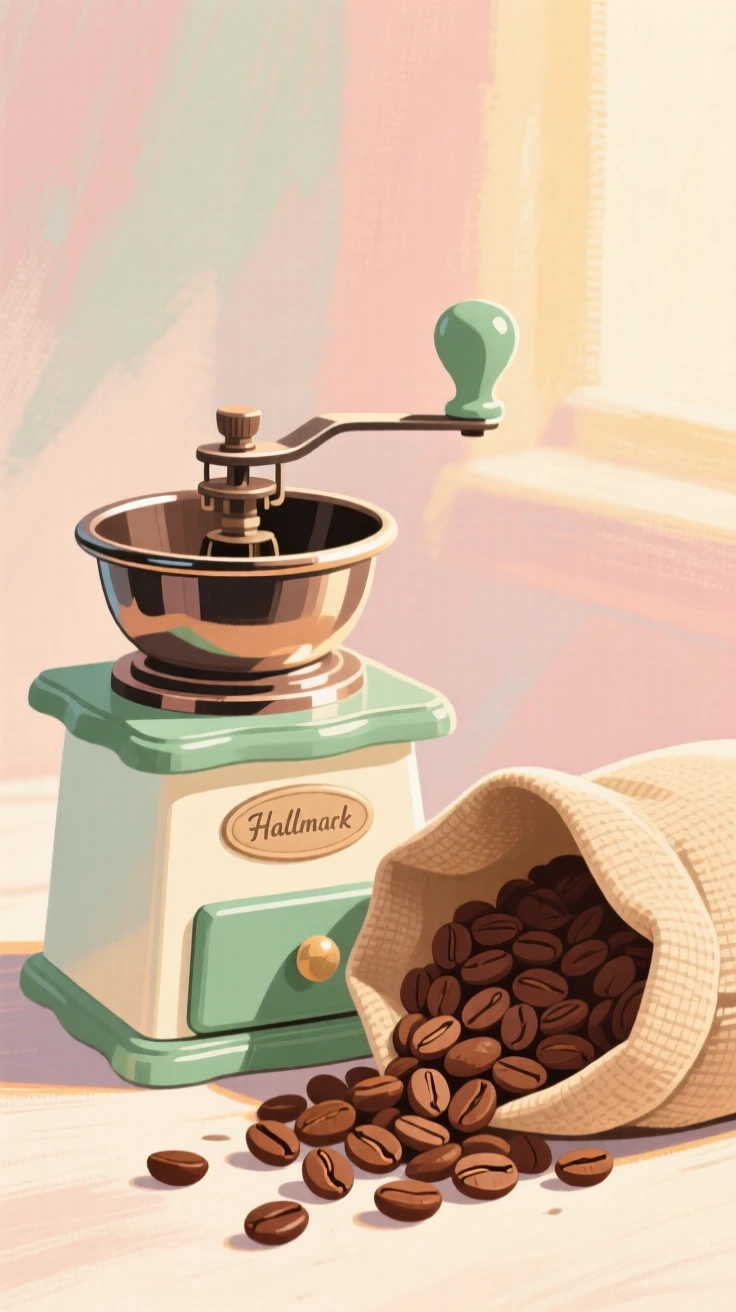 A vintage coffee grinder beside a bag of freshly roasted beans