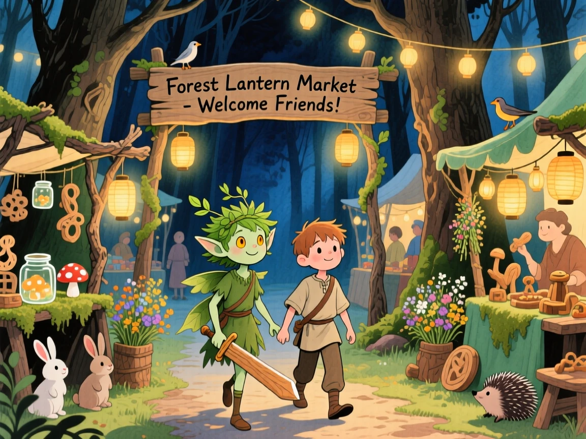 A mischievous forest sprite guiding a young boy with a wooden sword through a lantern-lit night market for woodland folk.