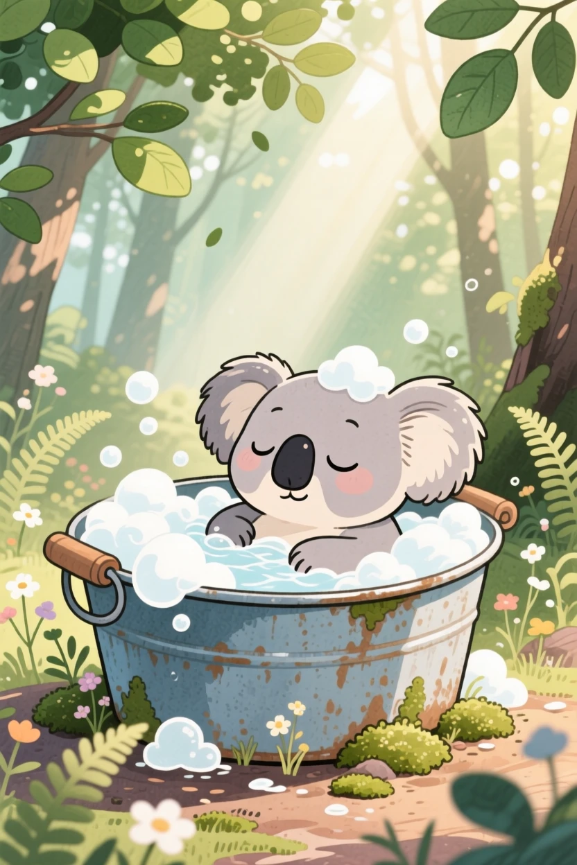 A sleepy koala getting a gentle bath in a tin tub full of bubbles, set in a quiet forest clearing dappled with sunlight, brimming with cozy comfort.