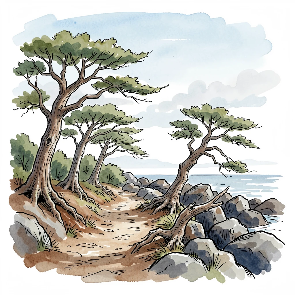 A rugged coastal trail winding along wind-bent cypress trees, clouds drifting slowly across an otherwise clear sky.