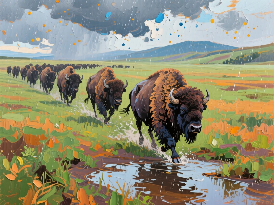a herd of bison crossing a broad prairie, during the first rain of the season, composed along a natural leading line.